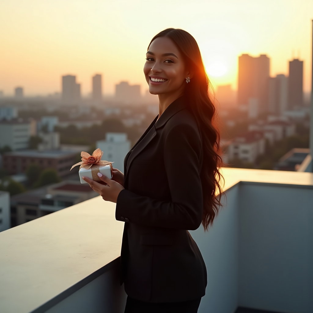 Milestone Birthday Portraits That Feel Grown-Up example: Photorealistic portrait photography. Full-body rooftop birthday portrait with the subject standing near a clean railing,