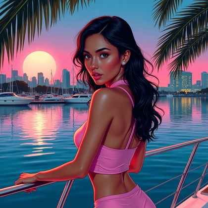 AI-generated photo: 80s-inspired vector airbrush poster illustration at a waterfront marina at twilight where the urban ...