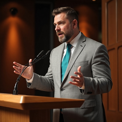 AI-generated photo: LinkedIn photo showcasing a passionate male consultant delivering an enlightening talk at an interna...