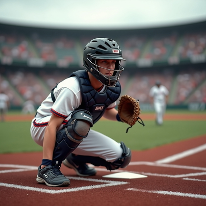 AI-generated photo: Photorealistic sports photography of a catcher in a compact crouch angled toward the third-base line...