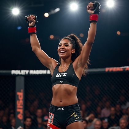 AI-generated photo: **Photorealistic professional photography** capturing a victorious UFC fighter standing tall with an...