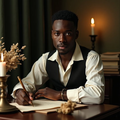 Candlelit Writing Desk Portrait With Ink-Stained Hands example: Photorealistic portrait photography. Half-body portrait seated at an antique writing desk, one ink-stained hand resting