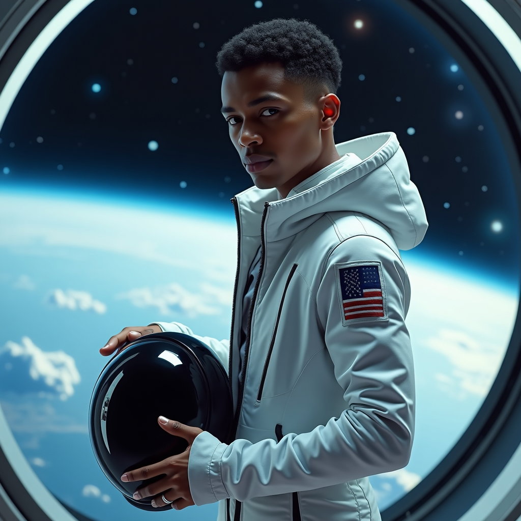 AI-generated photo: Photorealistic lifestyle photography portrait of a person in a futuristic, form-fitting astronaut-st...