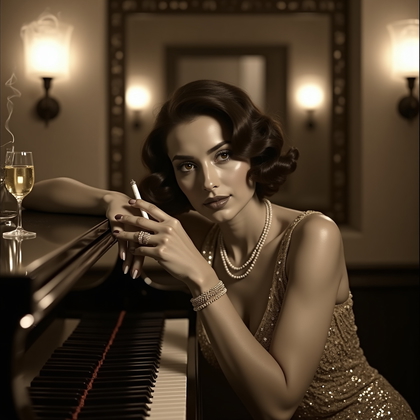 AI-generated photo: Sepia-toned 1920s studio-on-location portrait photograph: leaning against an upright piano near the ...