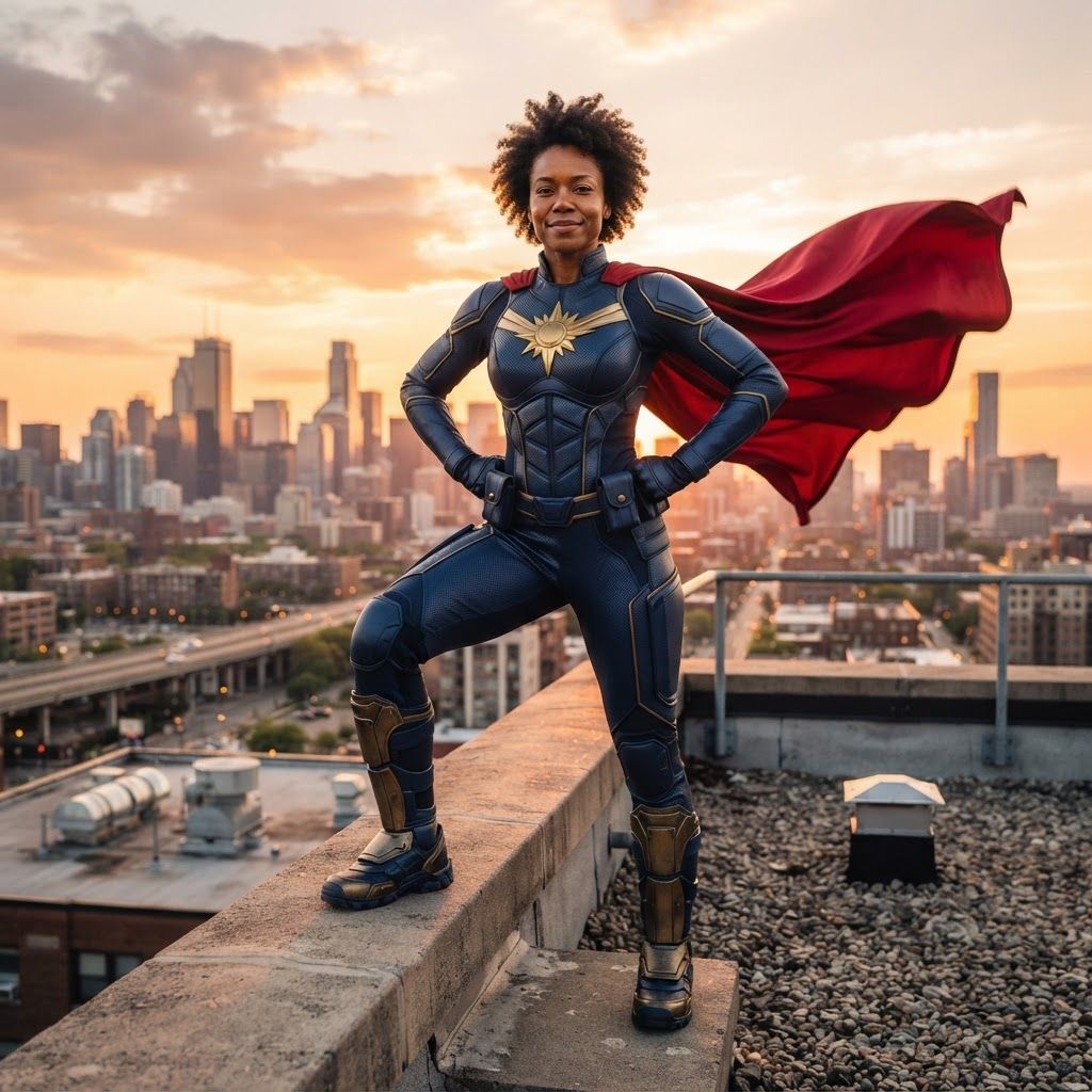 Comic-Book Superhero Above the City: Photorealistic full-body superhero costume photo from a low angle on a rooftop at sunset.