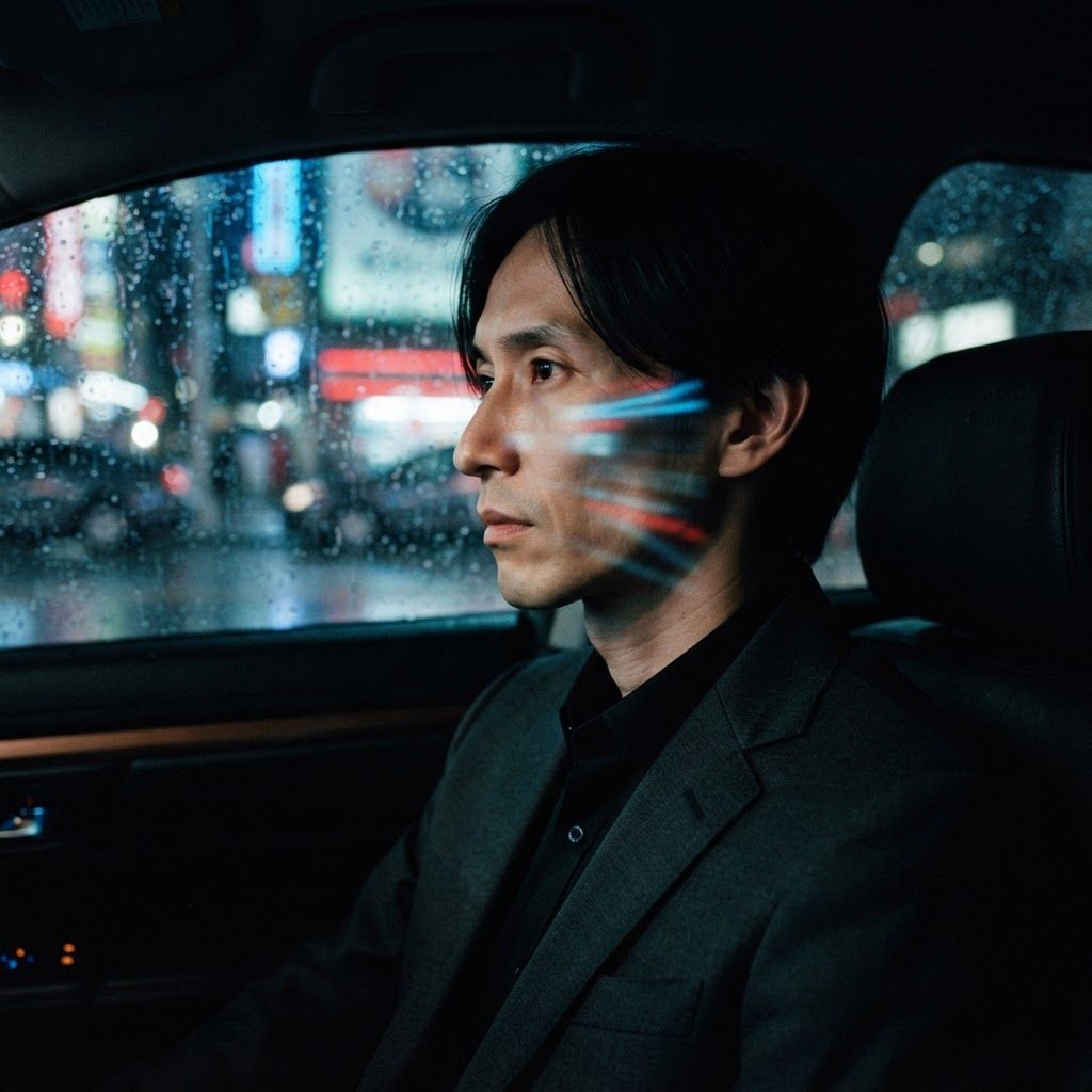 Car Window Reflection: Close portrait through the passenger window of a car at night, the subject turned in profile with their gaze angled toward the rain outside.