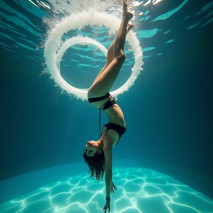 AI-generated photo: Photorealistic underwater cinematic action portrait photography. The subject is captured mid-backwar...