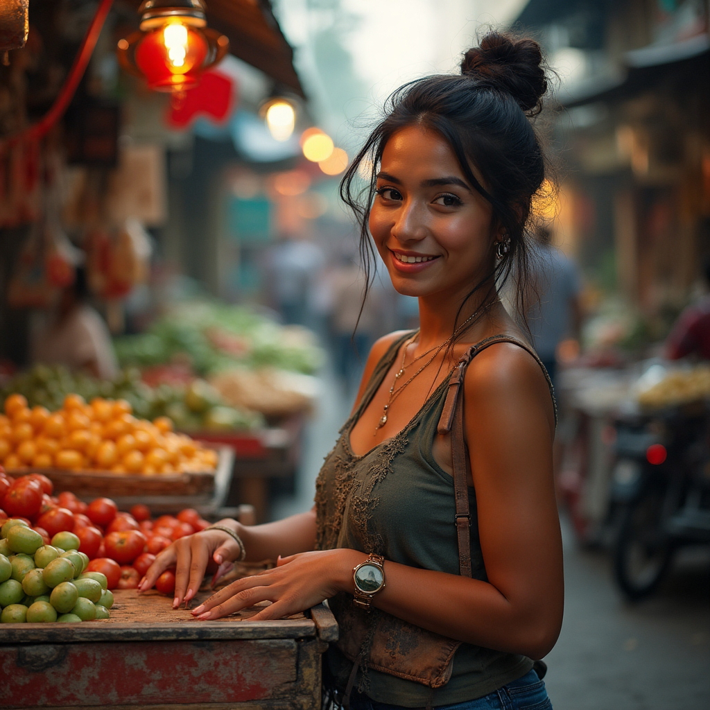 Urban exploration portrait. A vibrant scene in a bustling marketplace, capturing the subject amidst colorful stalls laden with fresh produce and exotic goods. The subject is casually leaning against a vendor's cart, with a slight smile and a relaxed posture. The professional lighting accentuates the rich textures and colors of the market, creating a vivid, photorealistic image. Shot with a DSLR, the composition focuses on the dynamic interplay of light and shadow, with the camera positioned at eye level for an engaging, intimate view. High resolution, detailed, realistic, with sharp focus.