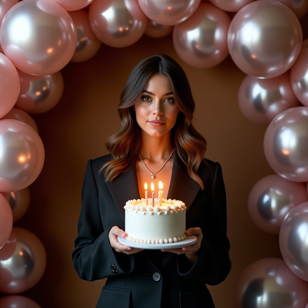 Playful Birthday Confetti and Balloon Portraits example: Photorealistic editorial hero image. The subject stands confidently in the center of a dramatic balloon arch, holding a