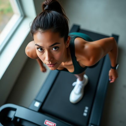AI-generated photo: Photorealistic fitness photography — overhead diagonal composition on a curved manual treadmill near...