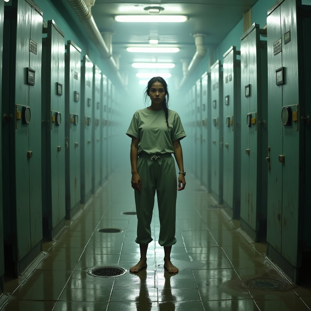 AI-generated photo: Photorealistic prison photography, full-body shot in the prison shower block, subject standing baref...