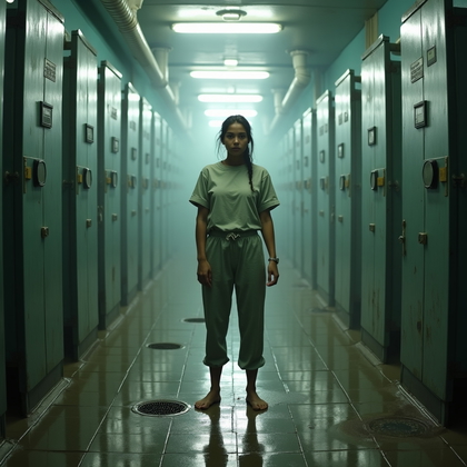 AI-generated photo: Photorealistic prison photography, full-body shot in the prison shower block, subject standing baref...