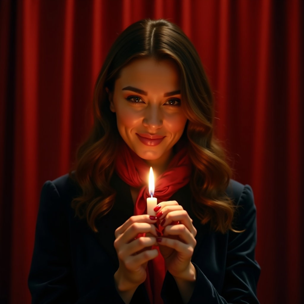 Candlelit Velvet Close-Up example: Dating profile photo, motion portrait of the subject slowly lighting a candle in front of a velvet backdrop, face visibl
