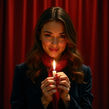 Candlelit Velvet Close-Up example: Dating profile photo, motion portrait of the subject slowly lighting a candle in front of a velvet backdrop, face visibl