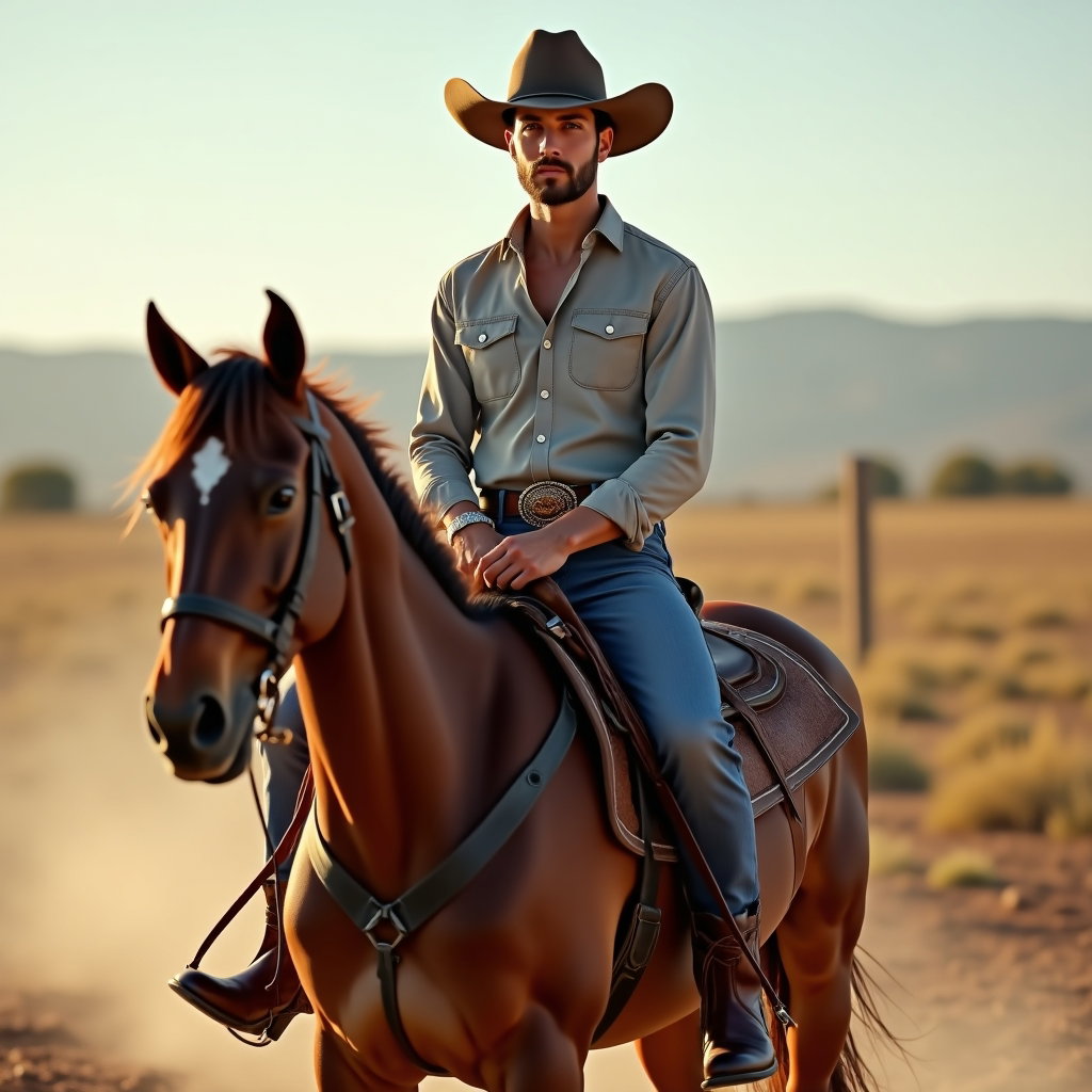 AI-generated photo: Photorealistic fashion photography, a stylish western portrait with the subject seated astride a sta...