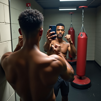 AI-generated photo: Photorealistic fitness photography of a waist-up mirror selfie in a boxing corner, shirtless, with a...