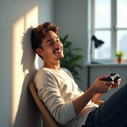 AI-generated photo: Photorealistic portrait photography. A chill gamer leans against a minimalist white wall in a tidy b...