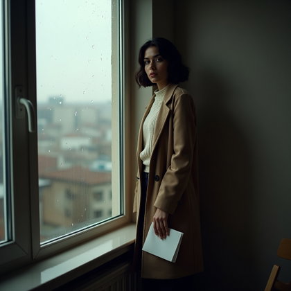 Melancholy Rainy Window Portrait example: Photorealistic portrait photography. Full-body portrait in a small apartment corner beside a tall rainy window, standing