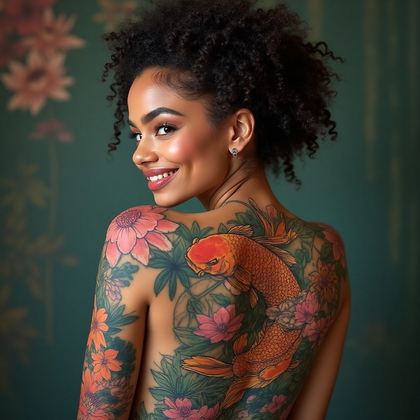 AI-generated photo: Photorealistic photography of a woman adorned with a bold, colorful tattoo across her back. The desi...