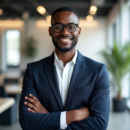 AI-generated photo: Charming Smile Portrait featuring a man wearing a smart, tailored navy blazer with a subtle herringb...