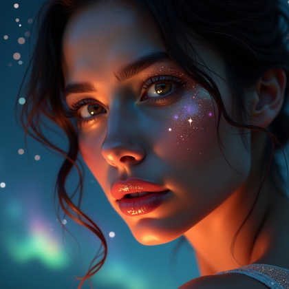 AI-generated photo: Photorealistic cosmic seduction portrait photography. The close-up face is tilted slightly to one si...