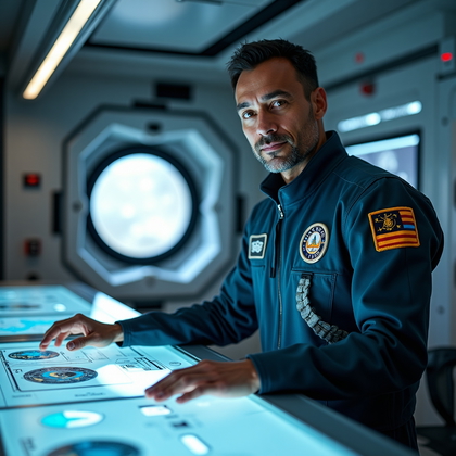 AI-generated photo: Professional portrait photography, a mission specialist captured in a lunar science-command lab, sta...
