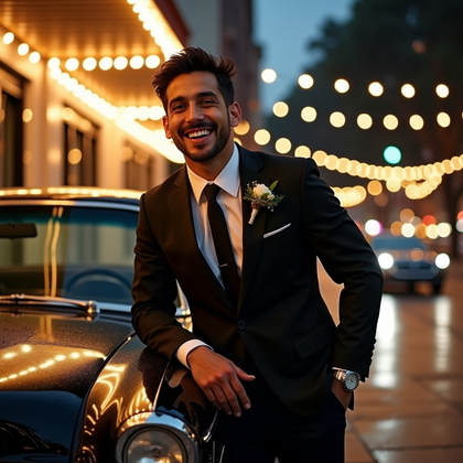 AI-generated photo: Photorealistic wedding photograph of a suited subject leaning with relaxed confidence against the fe...