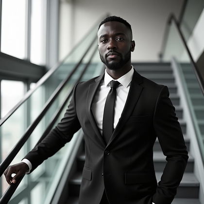 AI-generated photo: Professional black-and-white headshot photography on a modern glass-and-steel staircase landing, wit...
