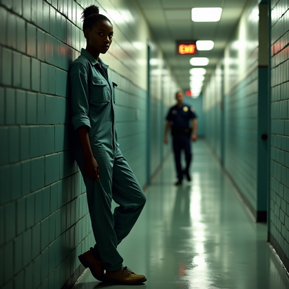 AI-generated photo: Photorealistic prison intake processing photo in a narrow hallway, the subject leaning against a scu...