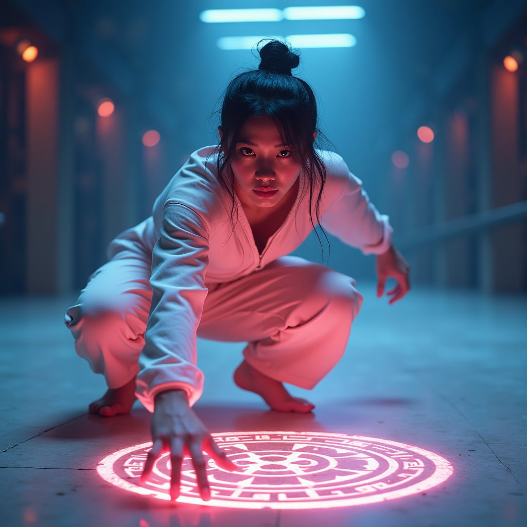 Pastel Idol by Day, Hunter by Night Portrait example: Cinematic fantasy character photo. Dynamic motion portrait in a deserted dance practice studio, face readable as the sub