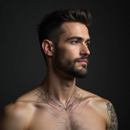 AI-generated photo: Photorealistic photography highlighting a 33-year-old man's minimalist symmetrical tattoo design acr...
