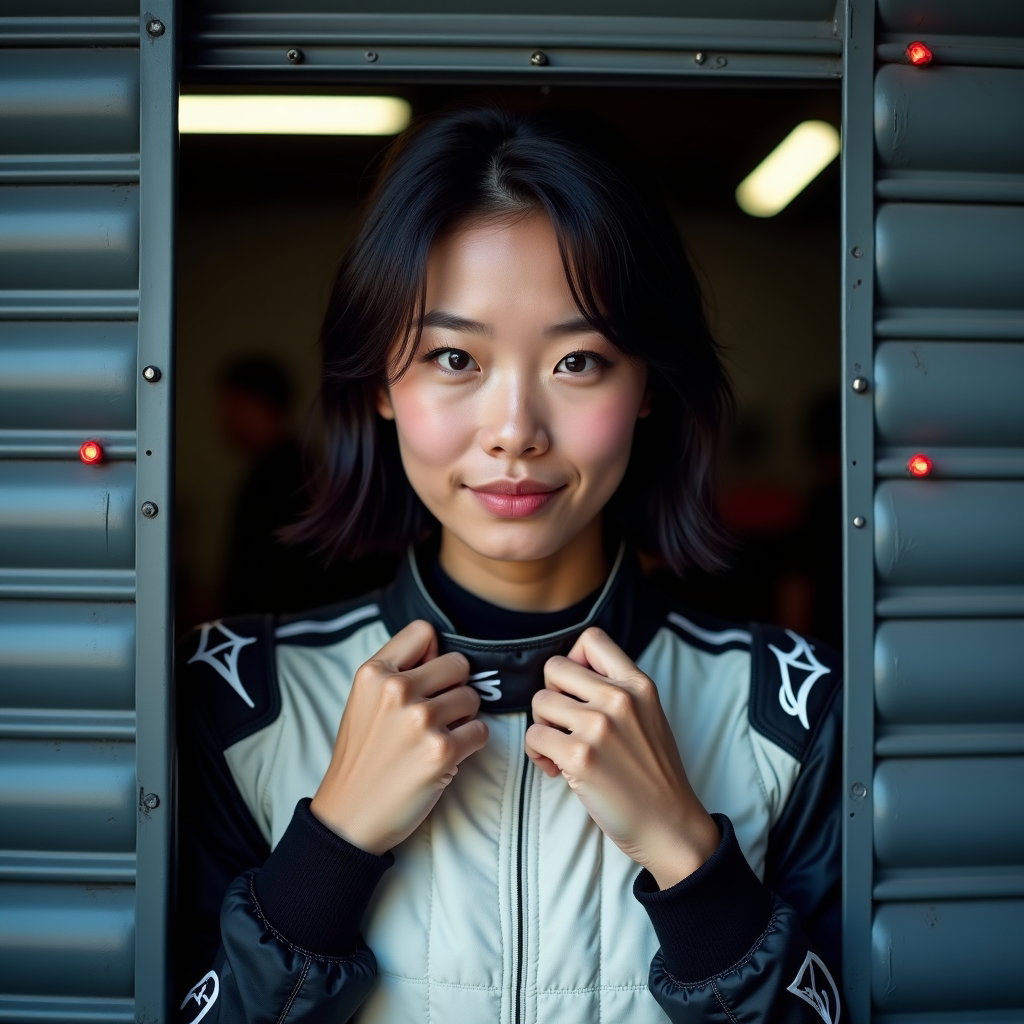 Garage Doorway Racing Suit Portrait example: Photorealistic motorsport close-up portrait photography. Tight garage doorway portrait with the subject in a sponsor-neu