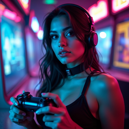 AI-generated photo: Photorealistic stylized neon portrait photography. The scene is set in a dim, futuristic gaming loun...