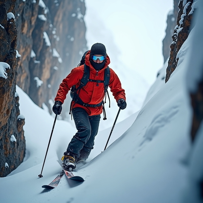 AI-generated photo: Photorealistic backcountry action-portrait at the mouth of a tight couloir just as a squall clears, ...