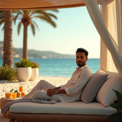 Beach Club Lounge Portraits in Resort Wear example: Photorealistic portrait photography. Environmental beach club portrait framed wide enough to show the private lounge set