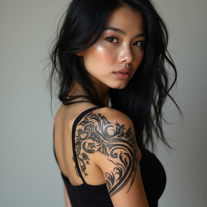 AI-generated photo: Photorealistic photography of a woman with a tribal-inspired tattoo featuring bold, sweeping lines a...
