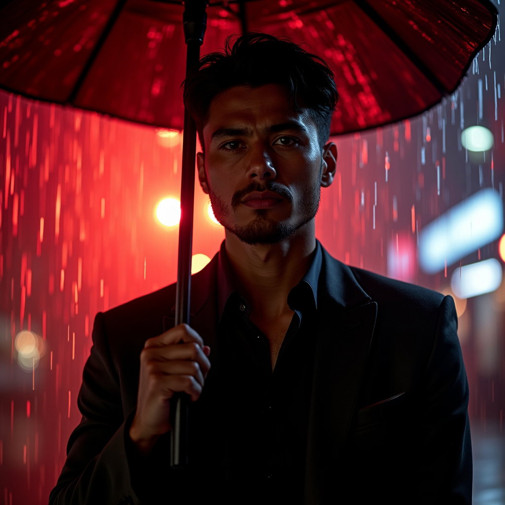 Rainy Night Street Vamp Portrait example: Dating profile photo, photorealistic editorial hero image under a black awning during heavy rain, with the face sharply