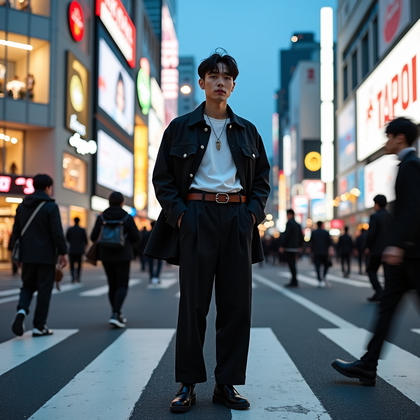 AI-generated photo: Fashion editorial street photography, a confident face-visible pose at a busy Shibuya-style crosswal...