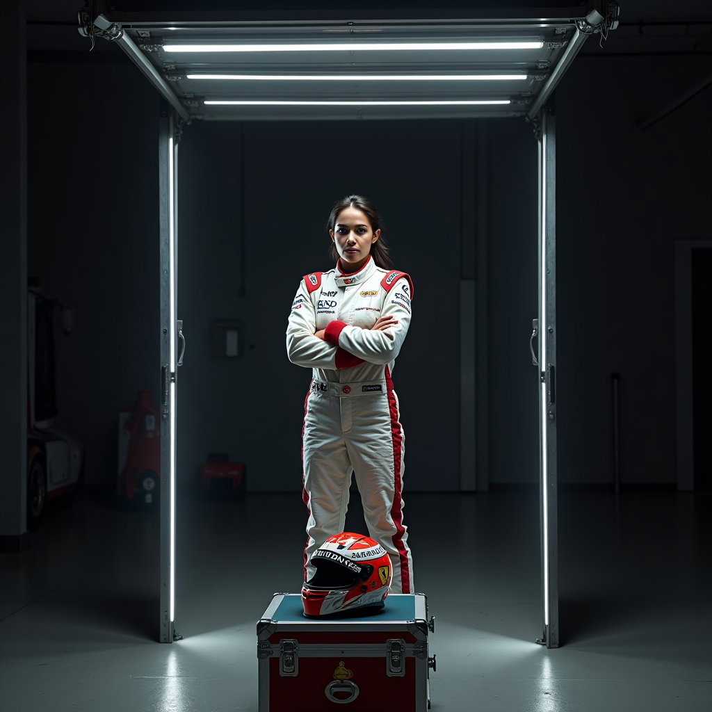 Garage Doorway Racing Suit Portrait example: Photorealistic editorial hero photography. Symmetrical magazine-cover style portrait with the subject standing in the ce