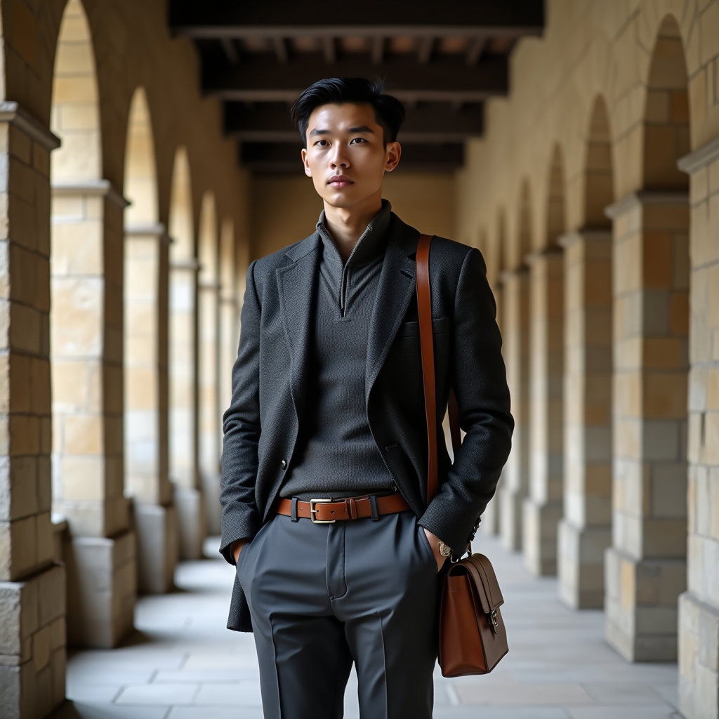 Tweed Corridor: Three-quarter standing portrait along a stone corridor lined with high arched recesses and slim shadow bands.