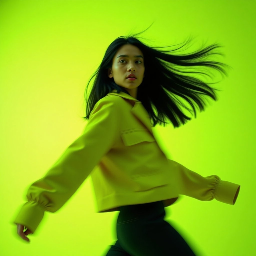 Minimal Color-Backdrop Pop Album Cover Portraits example: Photorealistic pop album cover action photo. Motion-inspired portrait against a lime-green seamless backdrop, captured m