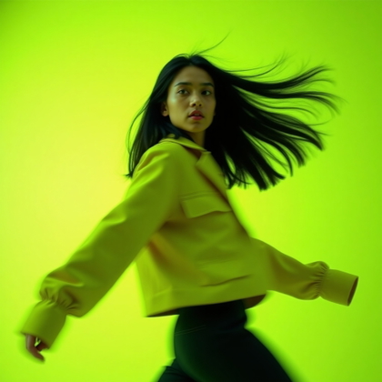 Minimal Color-Backdrop Pop Album Cover Portraits example: Photorealistic pop album cover action photo. Motion-inspired portrait against a lime-green seamless backdrop, captured m