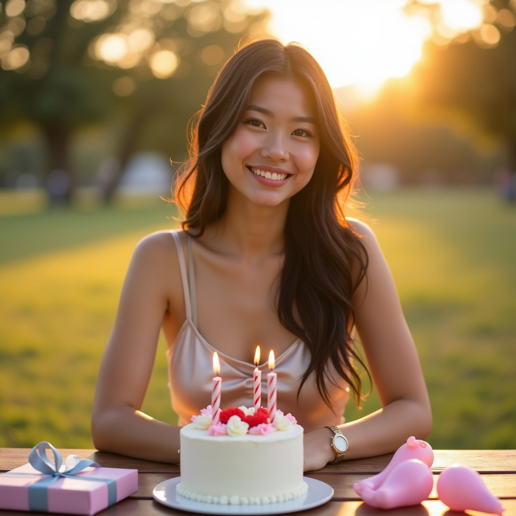 Golden Hour Outdoor Birthday Photos example: Photorealistic portrait photography. Half-body golden-hour birthday portrait at a picnic table with a small cake, wrappe
