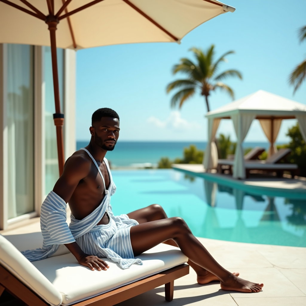 Sun Lounger Glam Pose example: Photorealistic resort lifestyle photo. An environmental portrait on a sunny villa terrace, with the subject perched on t