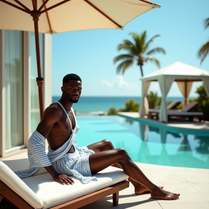 Sun Lounger Glam Pose example: Photorealistic resort lifestyle photo. An environmental portrait on a sunny villa terrace, with the subject perched on t