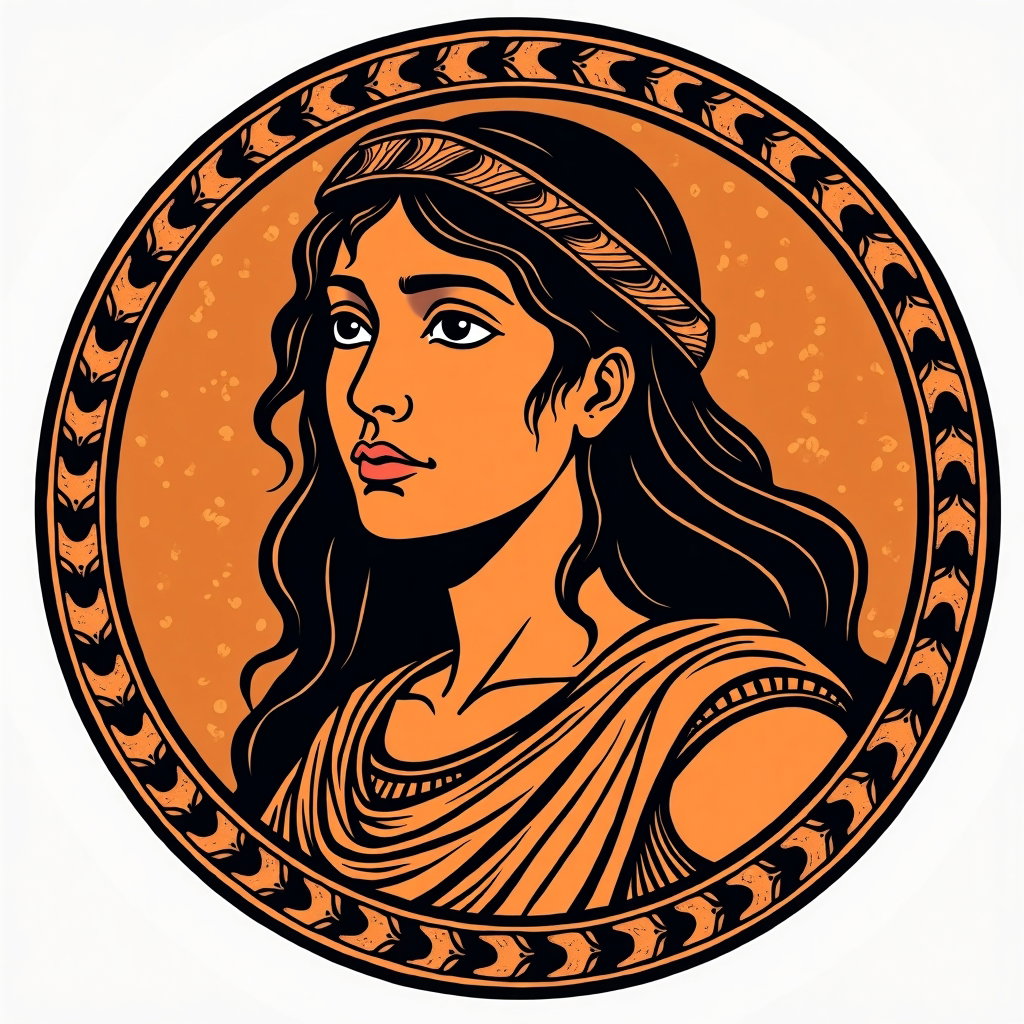 Solo Odysseus Storm Survivor Portrait example: Ancient Greek red-figure pottery illustration, a stylized solo Odysseus storm survivor portrait inside a circular amphor