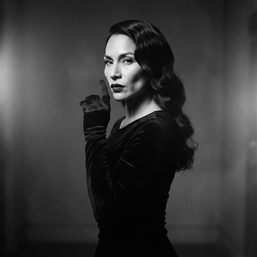 Femme Fatale Gaze: Moody film noir portrait of one subject framed from waist up at a slight three-quarter angle, wearing a black velvet dress, dark lipstick,…
