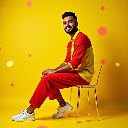 AI-generated photo: Photorealistic studio portrait on a lemon-yellow seamless with floating, oversized matte confetti an...