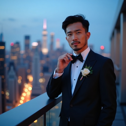 AI-generated photo: Photorealistic wedding portrait photo on a high-rise rooftop at blue hour, three-quarter composition...