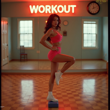 AI-generated photo: Analog 1980s VHS workout video still frame in a mirrored aerobics studio with parquet floor, wall cl...